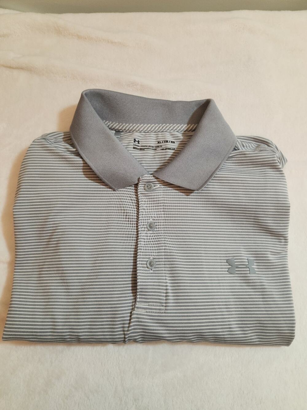 Under Armour Polo Shirt Mens Large Gray Striped Heatgear Loose Short Sleeve Golf